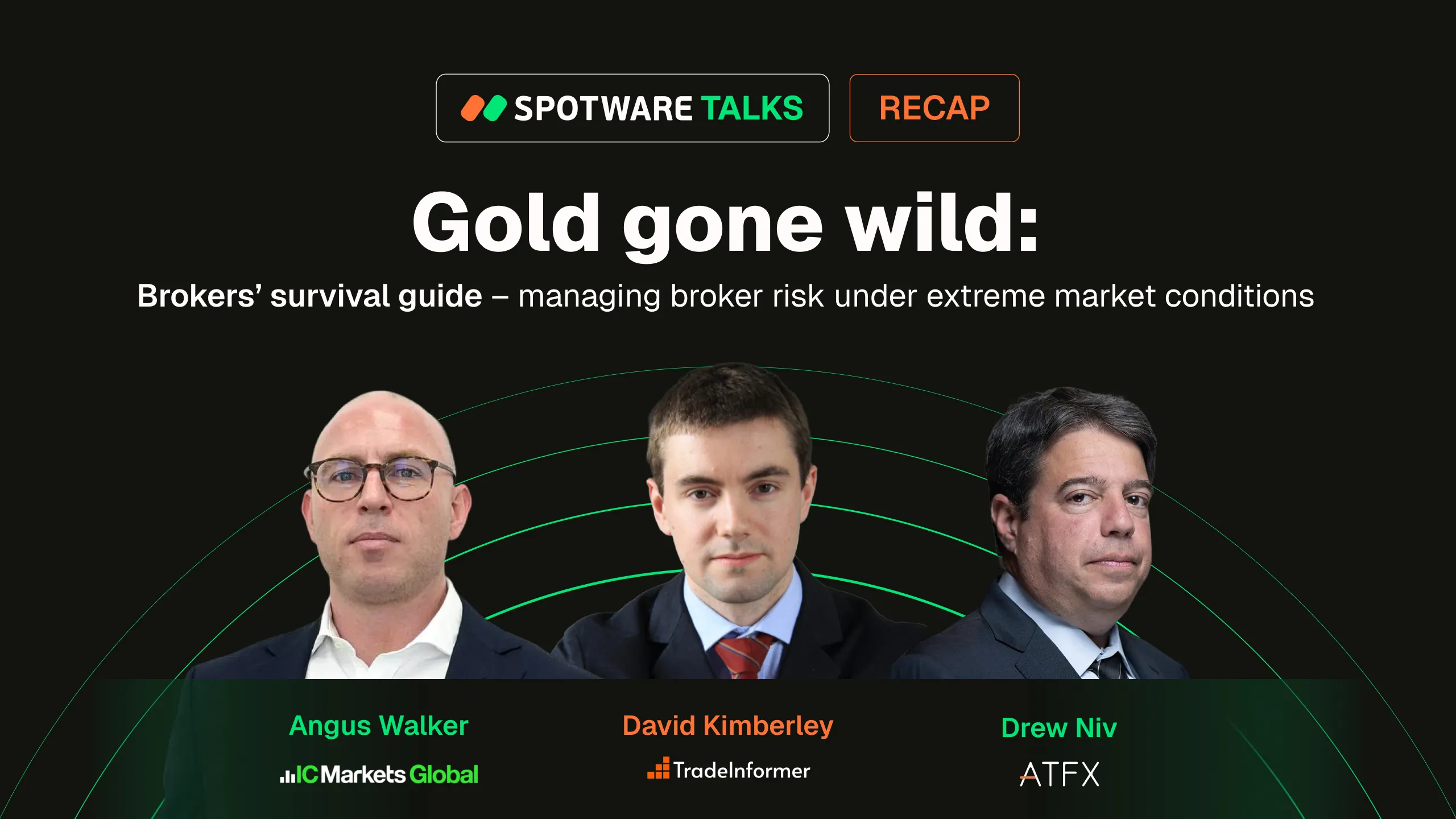 Three men on the image for a panel discussion titled "Gold Gone Wild: Brokers' Survival Guide", the first episode of Spotware Talks series, hosted by David Kimberley, bringing together Angus Walker and Drew Niv..