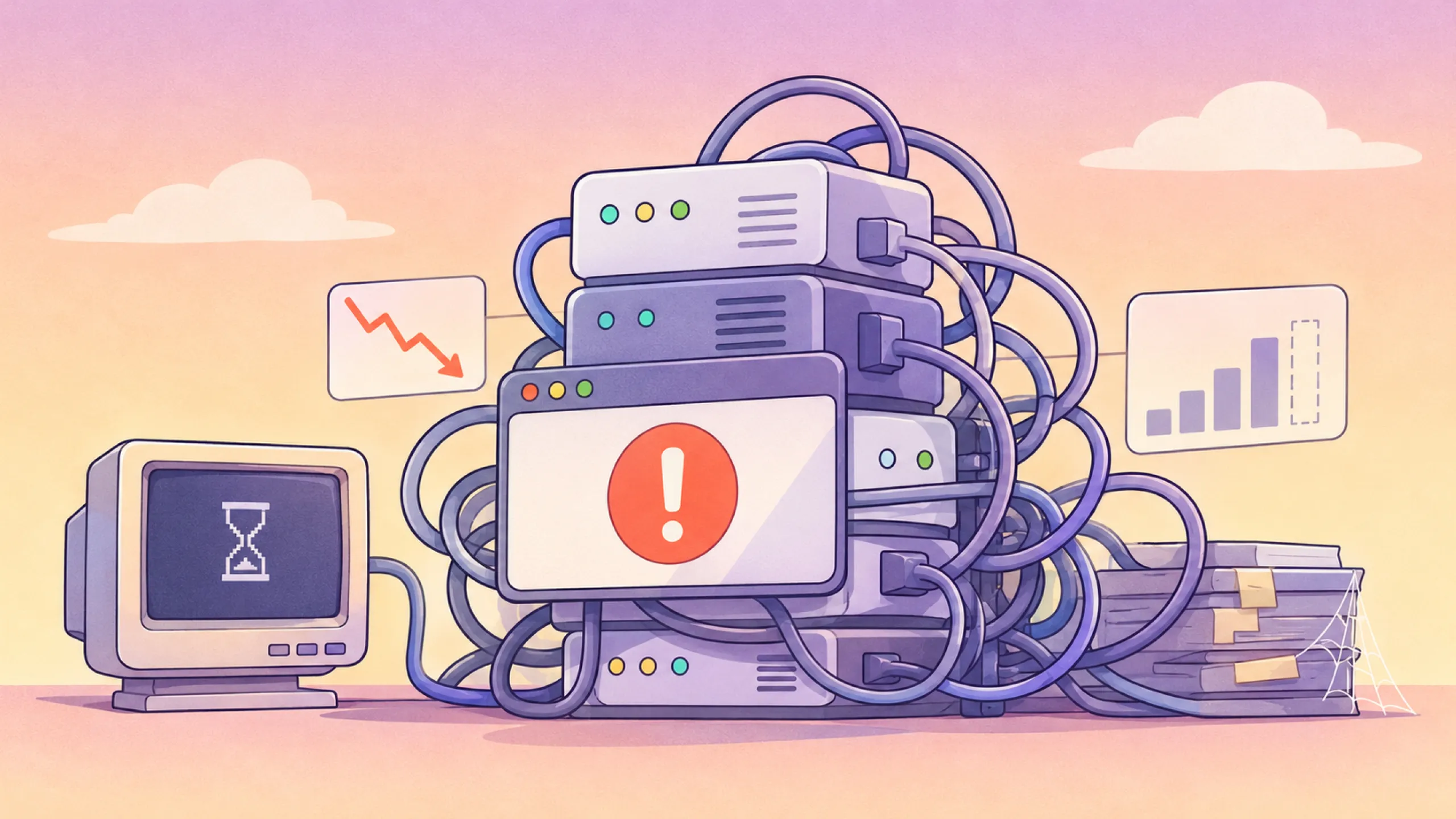 Stack of servers tangled in cables with a red alert on screen, vintage computer hourglass and charts.