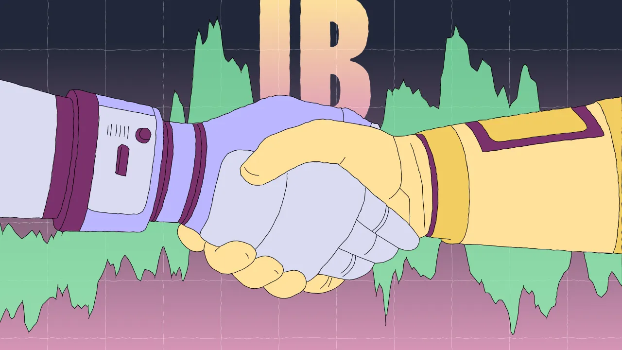 Metallic robot hand and yellow-gloved human hand clasping in handshake before green waveform chart and large letters.