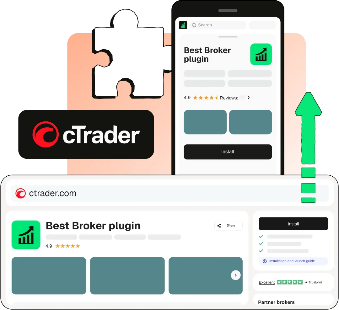 A branded cTrader app with a pre-installed plugin listed in the cTrader Store