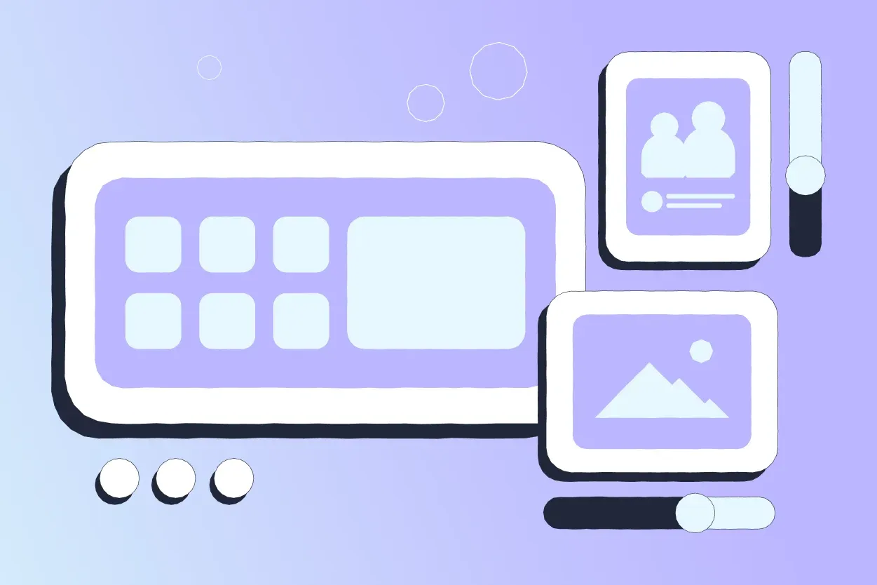 Stylized pastel purple user-interface mockup with rounded panels: grid icon, profile and image cards, sliders and three circular buttons.