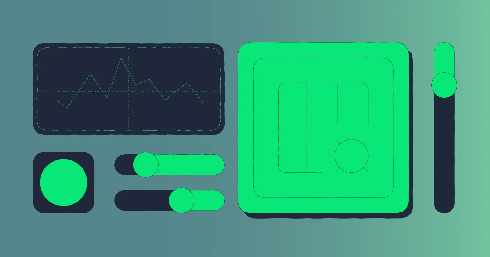 Stylized control panel: dark graph, two horizontal sliders, round button, large square dial and vertical slider in green and navy.