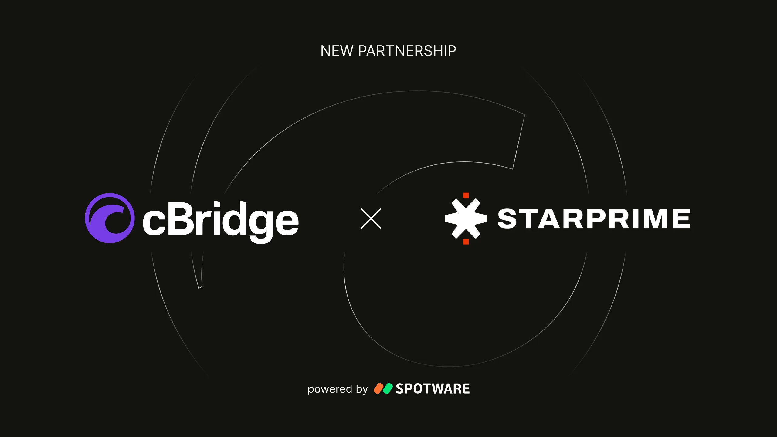 Dark banner reading NEW PARTNERSHIP with cBridge logo left, an x between, StarPrime logo right and powered by Spotware text below.