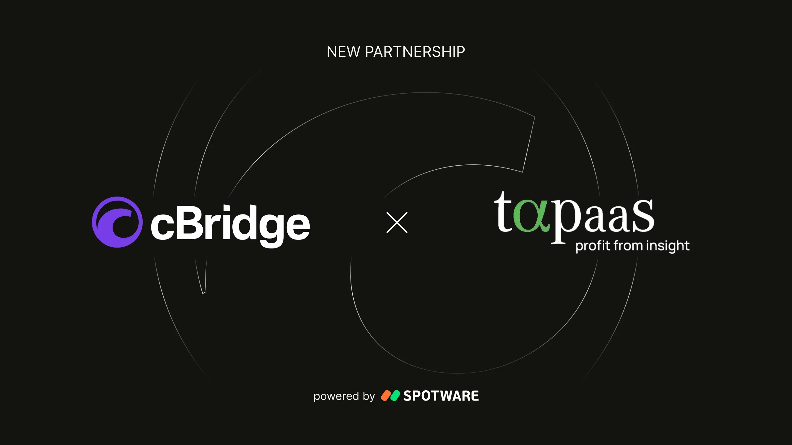Dark banner reading "NEW PARTNERSHIP" showing cBridge logo (purple swirl) × taxpaas logo with "profit from insight" tagline, powered by Spotware.