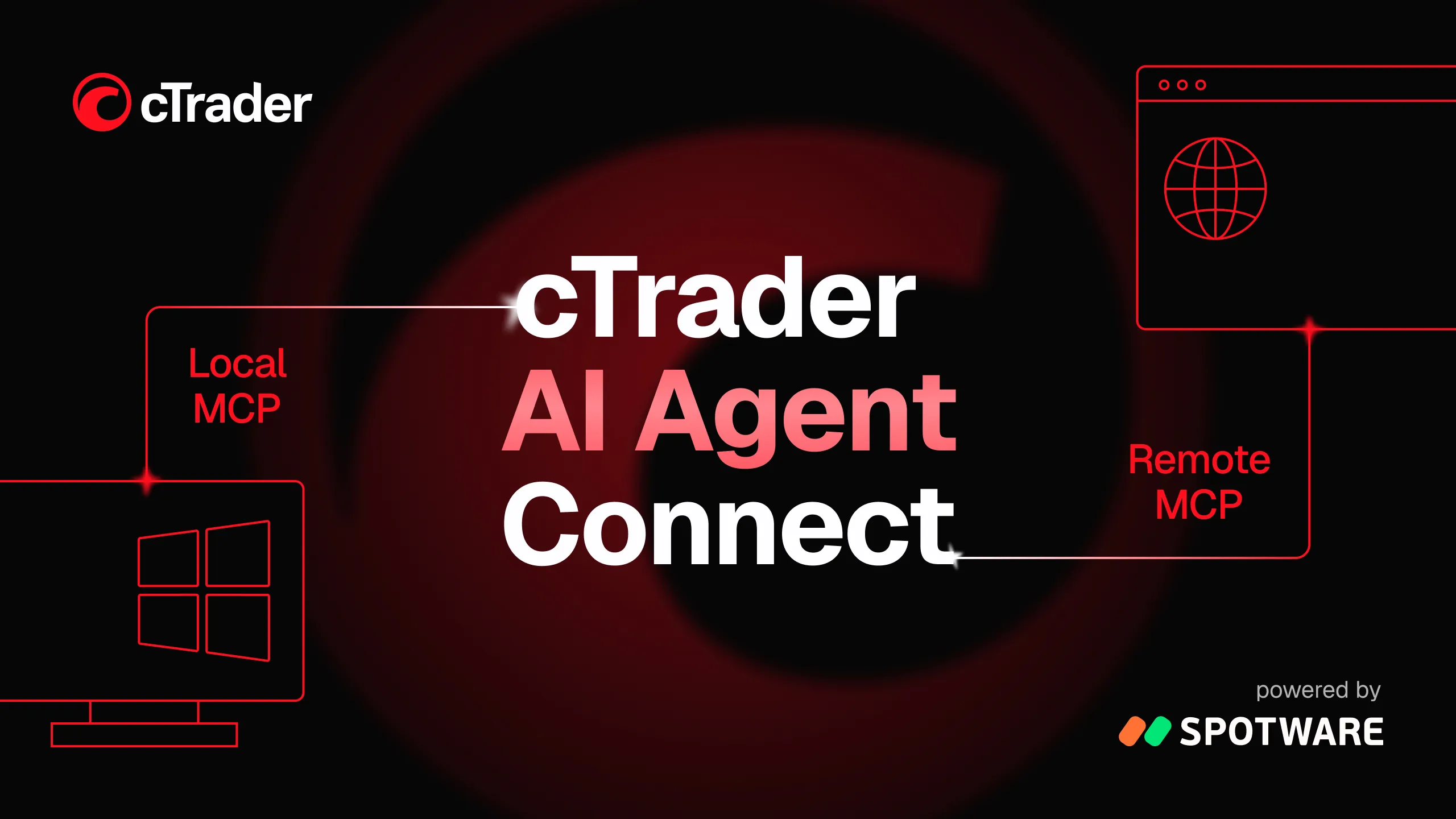 Dark red cTrader banner reading 'cTrader AI Agent Connect' with Local MCP (desktop icon) and Remote MCP (web icon), powered by Spotware.