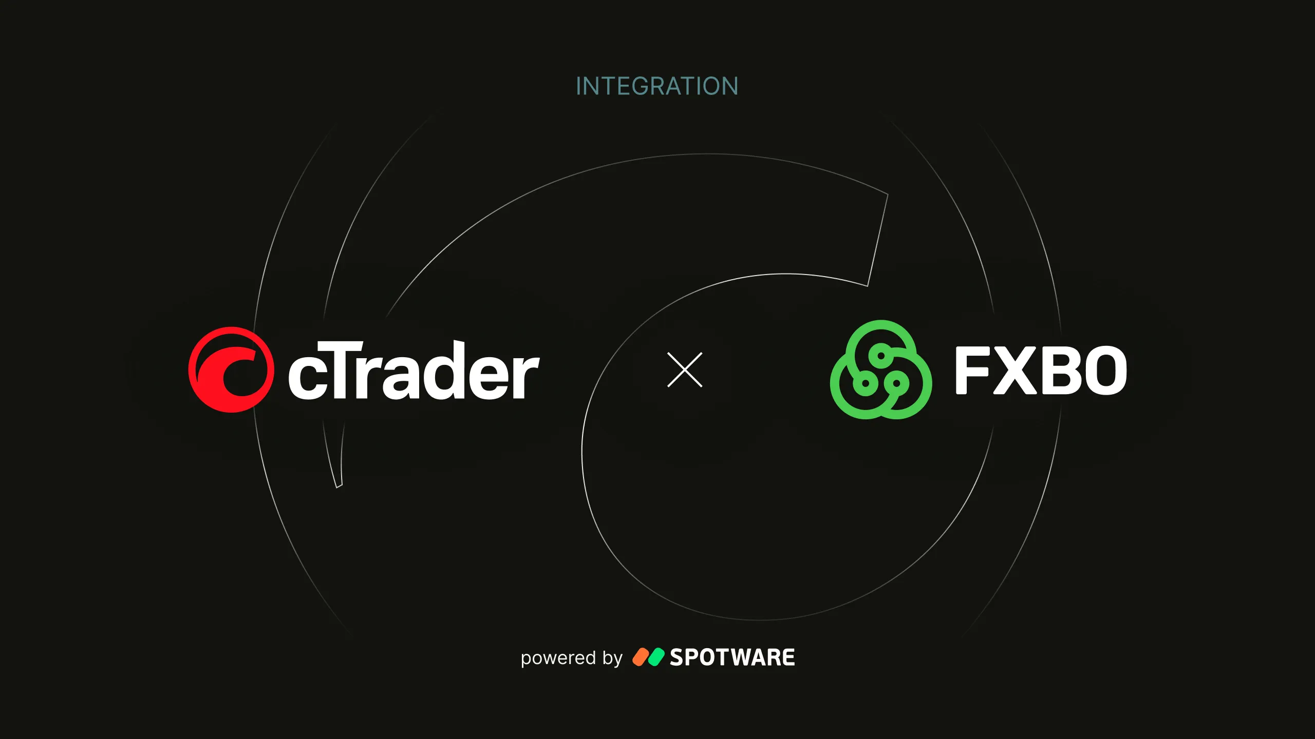 Dark banner with cTrader logo and text left, an 'x' center, FXBO green logo and text right; 'Integration' above and 'powered by Spotware' below.