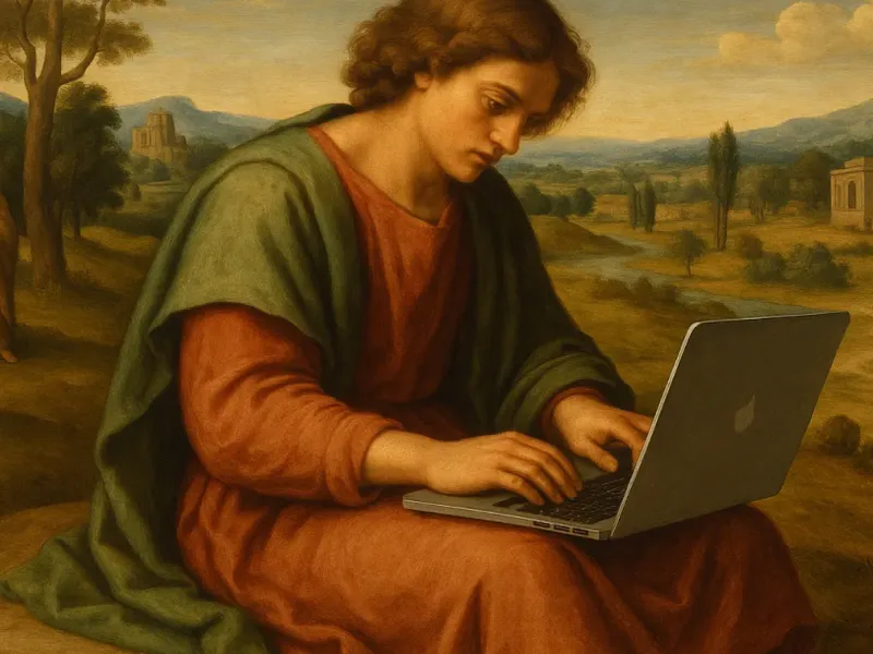 Renaissance-style painting of a figure using a laptop in a pastoral landscape