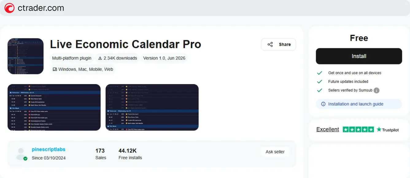 Live Economic Calendar Pro plugin listing in the cTrader Store