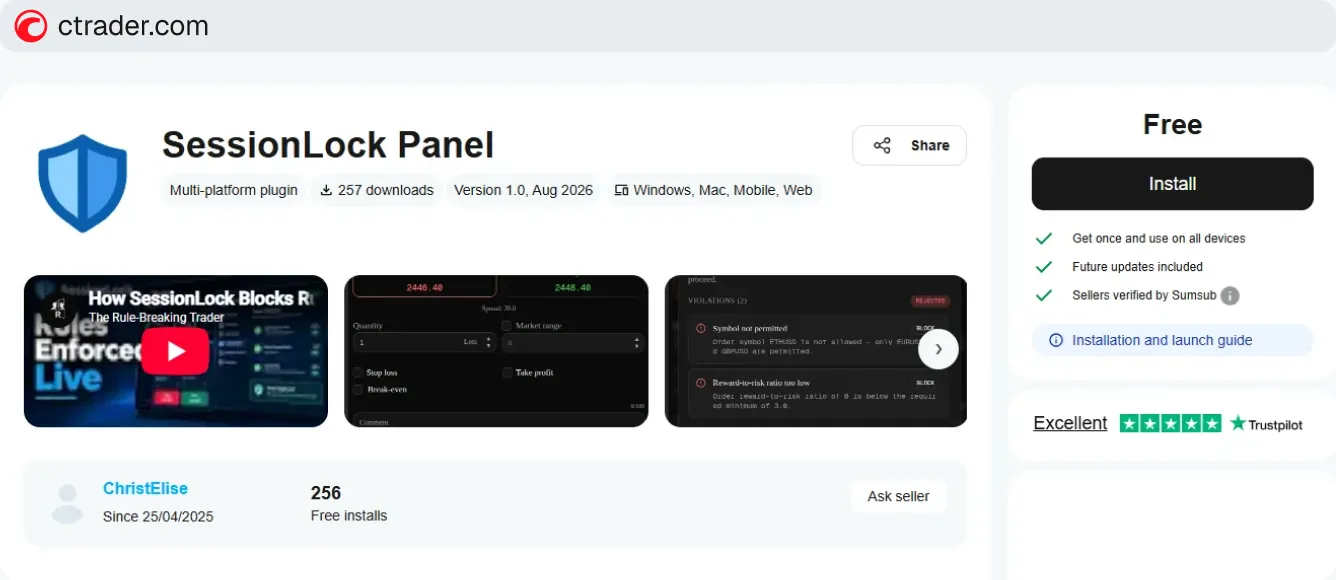 SessionLock Panel plugin listing in cTrader Store