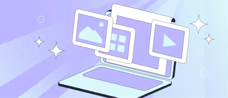 Pastel purple illustration of an open laptop with three floating media windows (image, grid, play) and sparkles