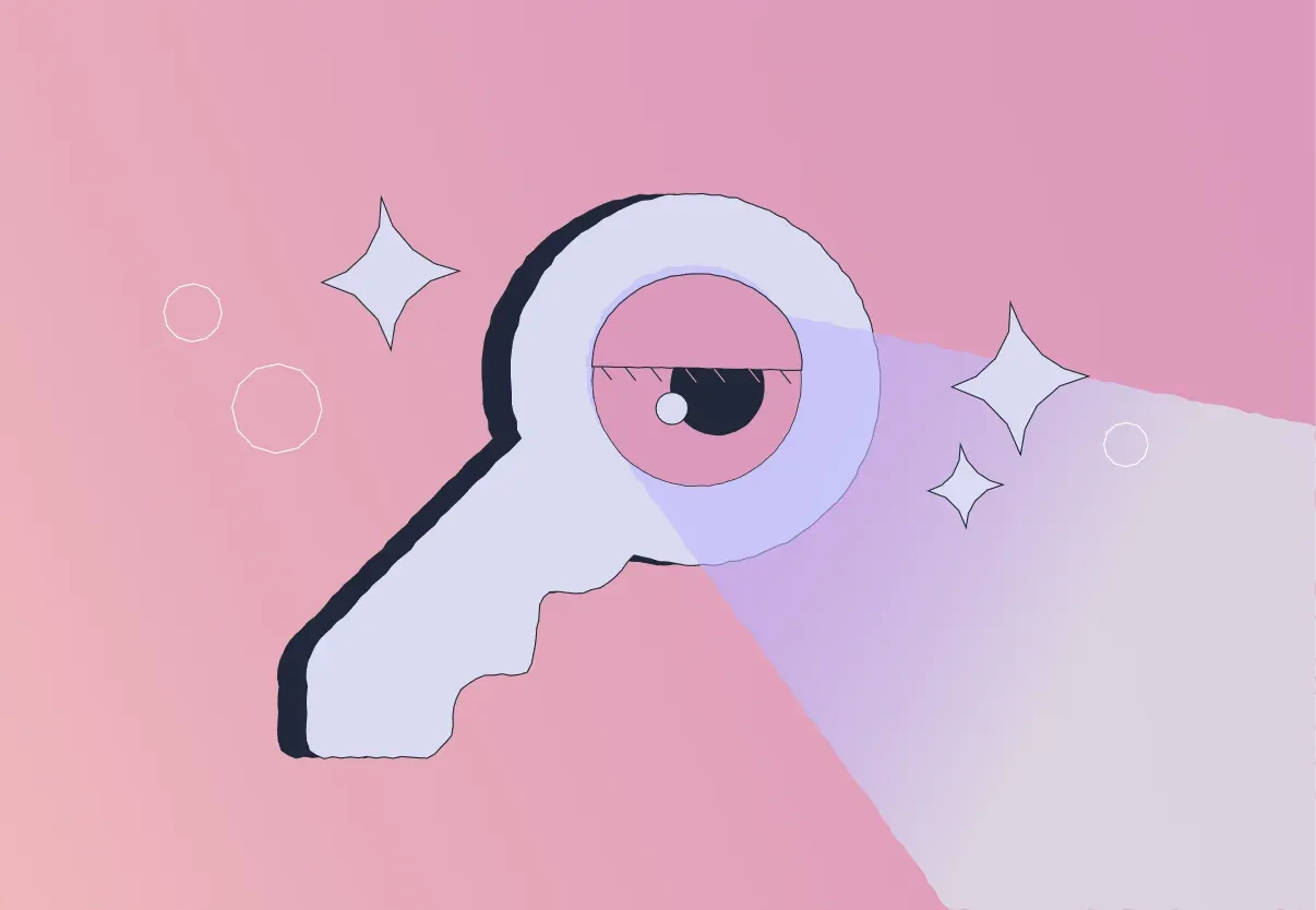 Stylized key with an eyeball in its circular head, casting a purple beam across a pastel pink background sprinkled with sparkles.