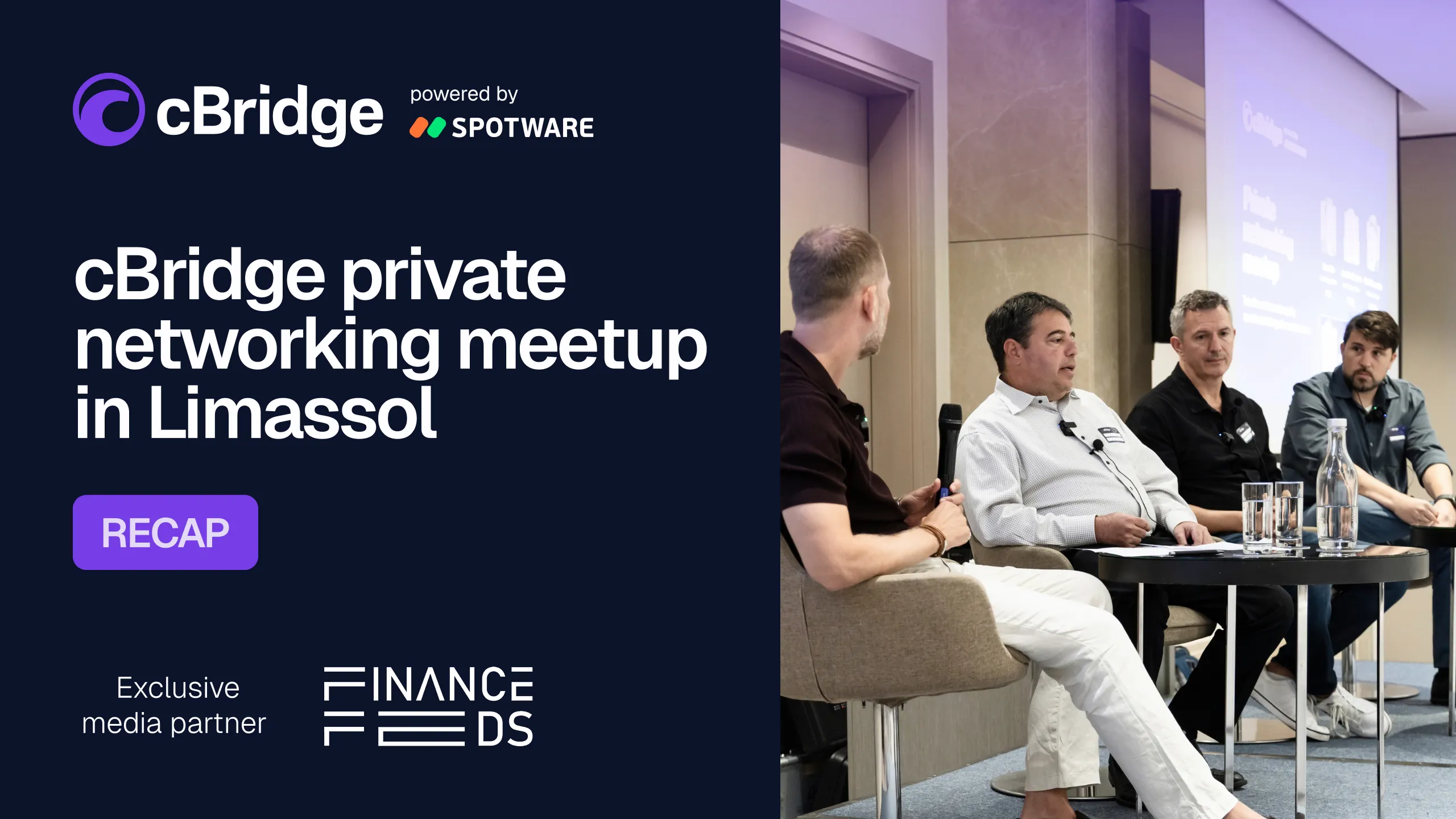 Panel of four men speaking at a cBridge private networking meetup in Limassol; event logo and sponsor branding visible on the left.