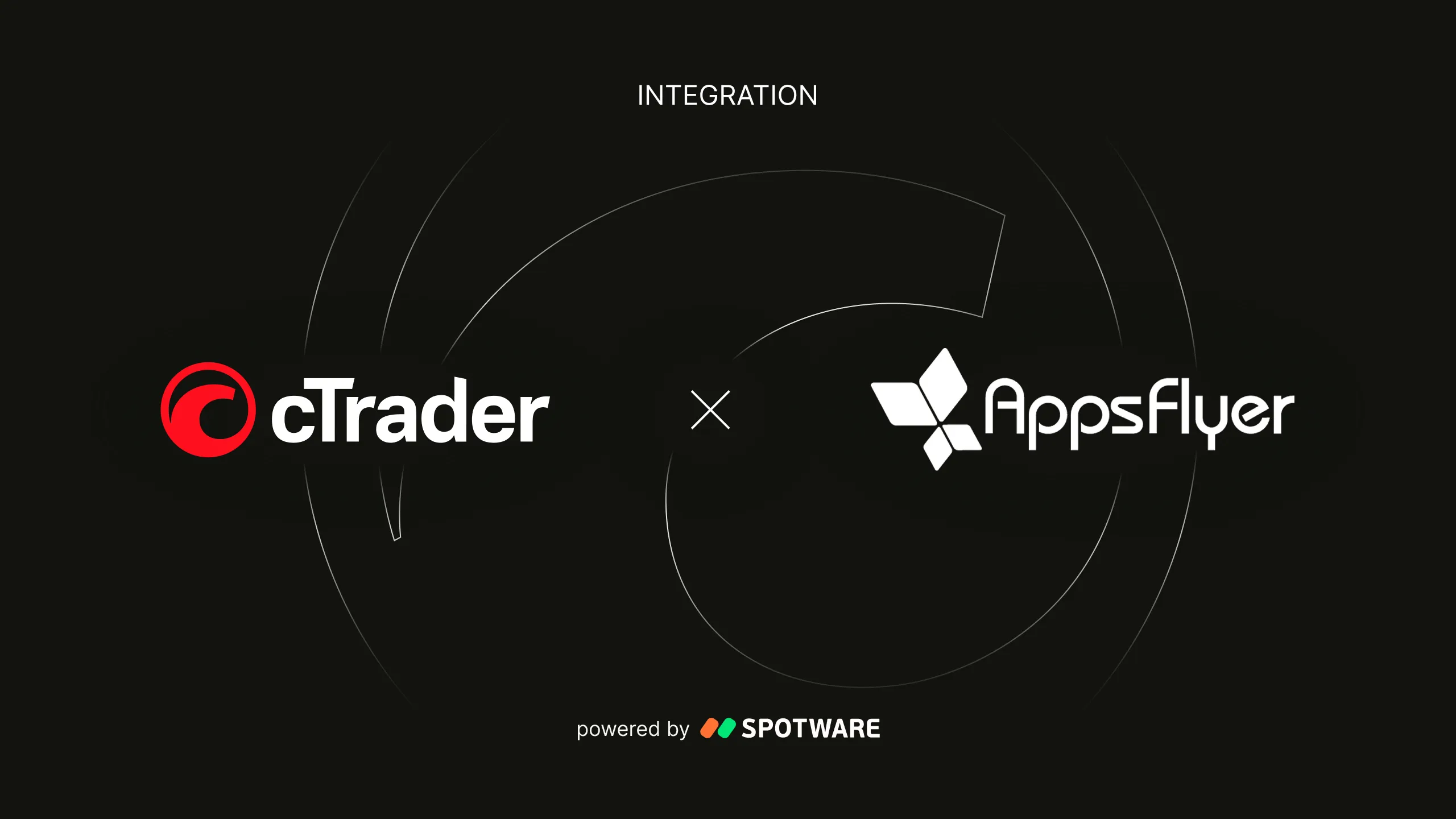 Dark banner showing cTrader logo left and AppsFlyer logo right, with "INTEGRATION" above and "powered by Spotware" below.