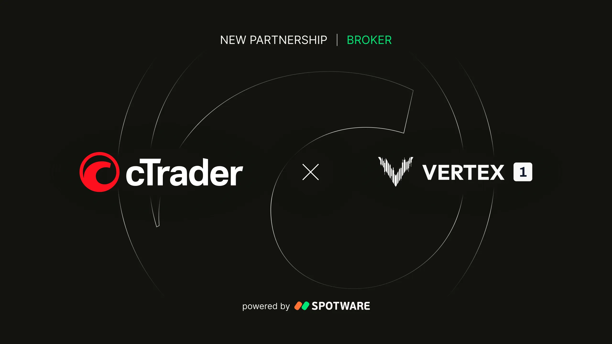 Dark promotional banner showing cTrader logo left, an 'x' center, Vertex 1 logo right, "New Partnership | Broker" and Spotware credit.