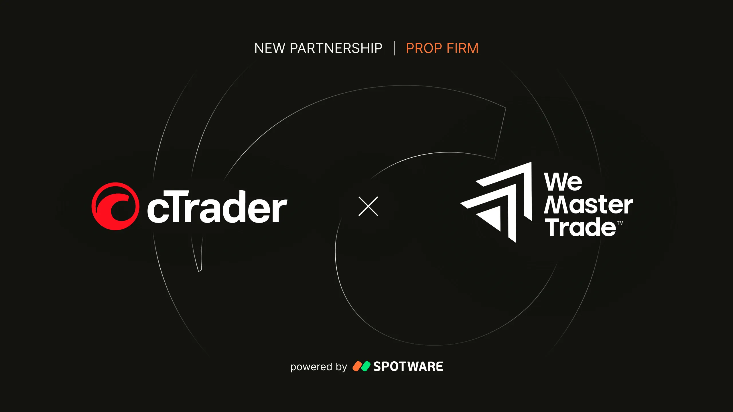 Dark banner: "New Partnership | Prop Firm" with cTrader logo left, We Master Trade logo right,