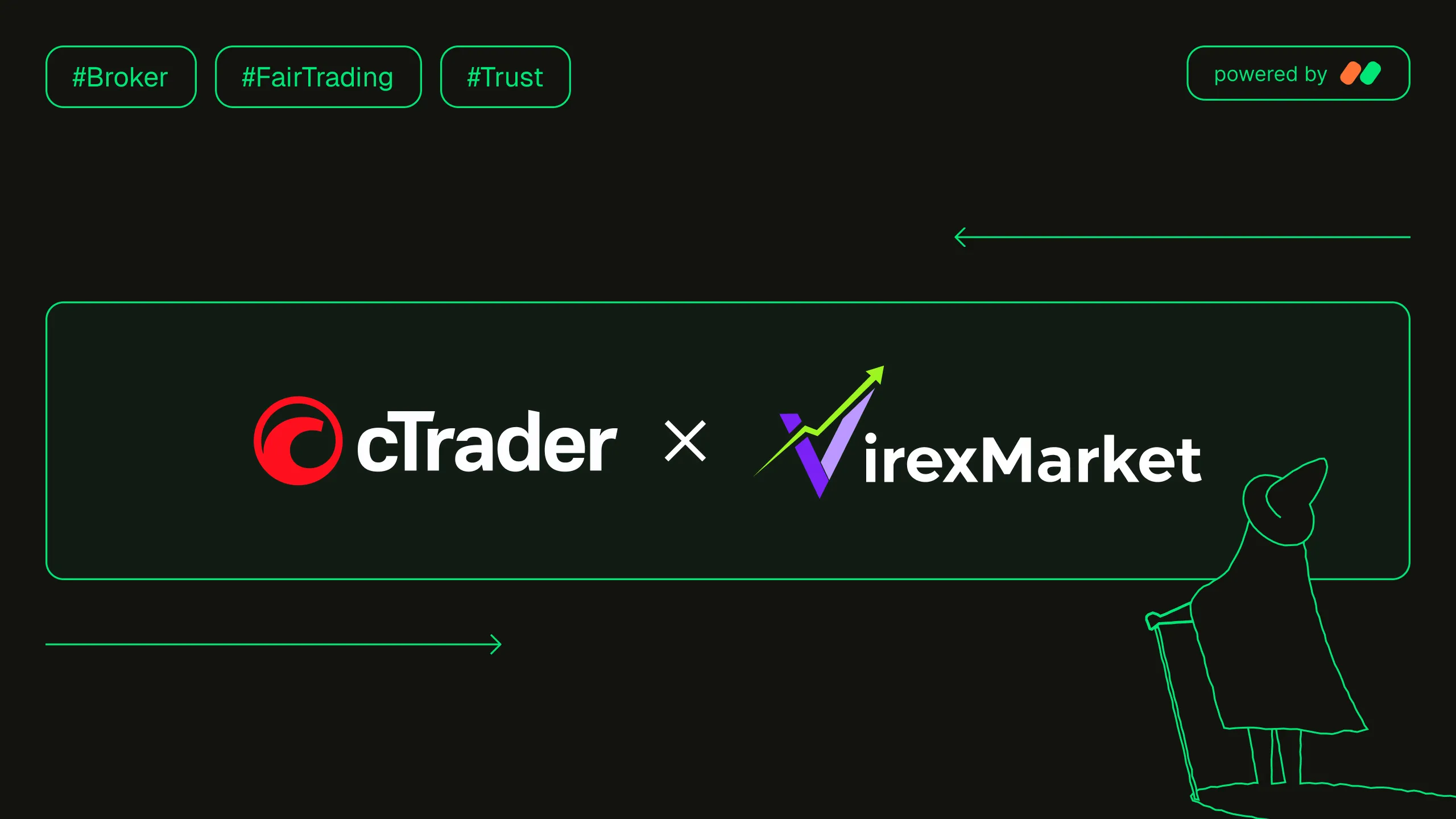 Dark-themed banner showing a partnership between cTrader and VirexMarket, featuring hastags for broker, fair trading, and trust.