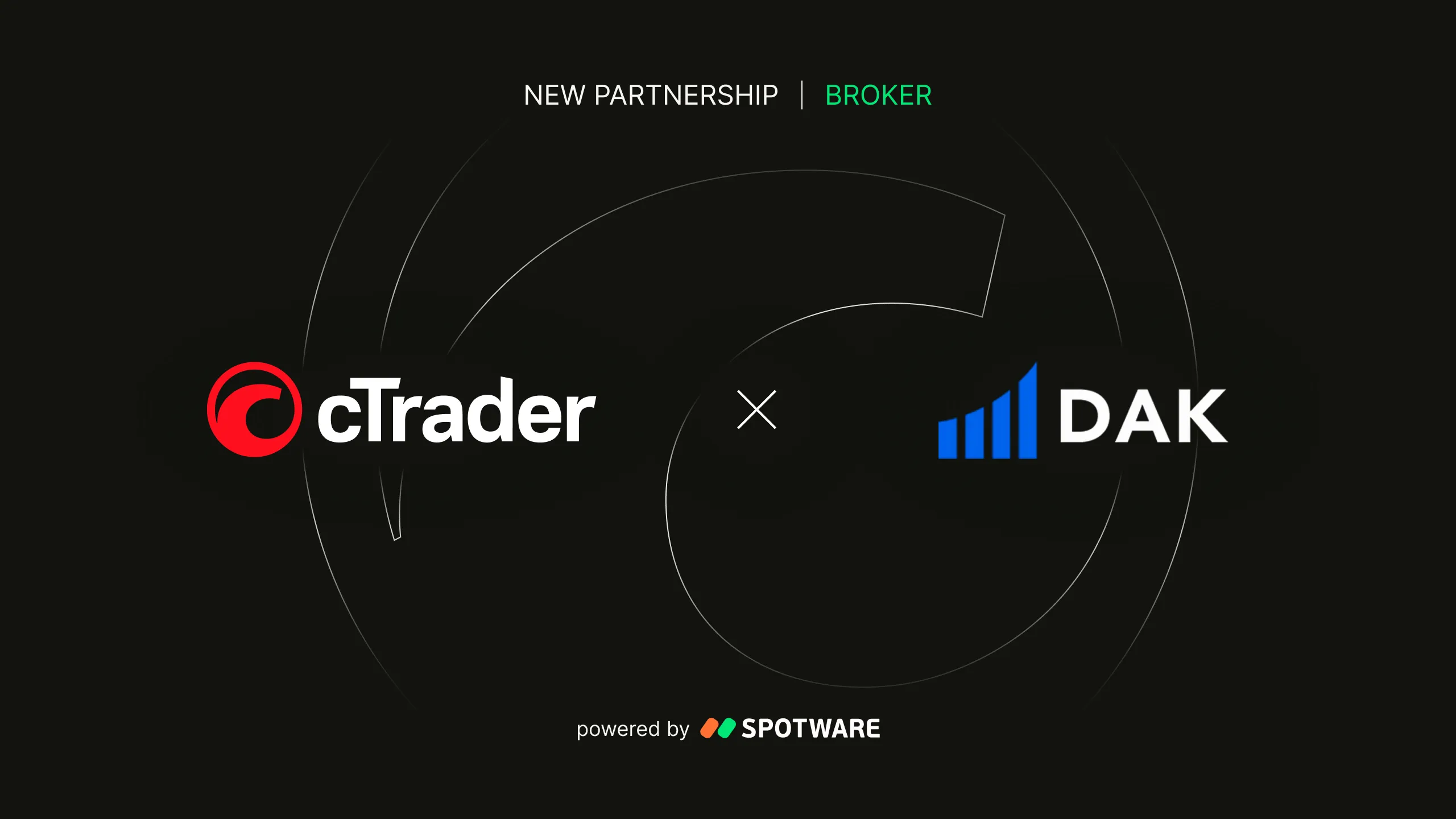Banner oscuro que dice 'Nueva asociación | Bróker' con el logotipo de cTrader a la izquierda y el logotipo de DAK a la derecha.