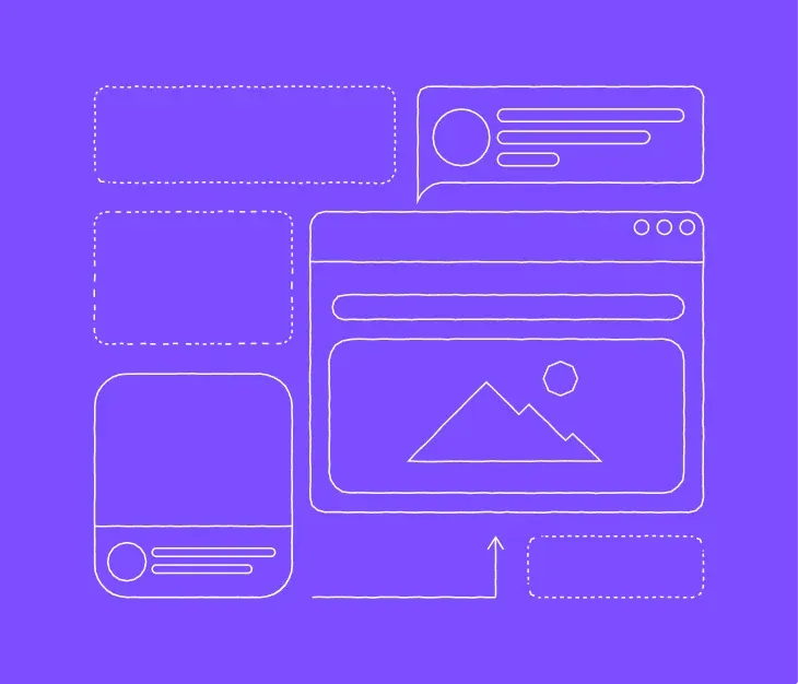 Purple illustration of white wireframe UI layouts: browser window with image, chat bubble, mobile card, dashed placeholder boxes and arrow.