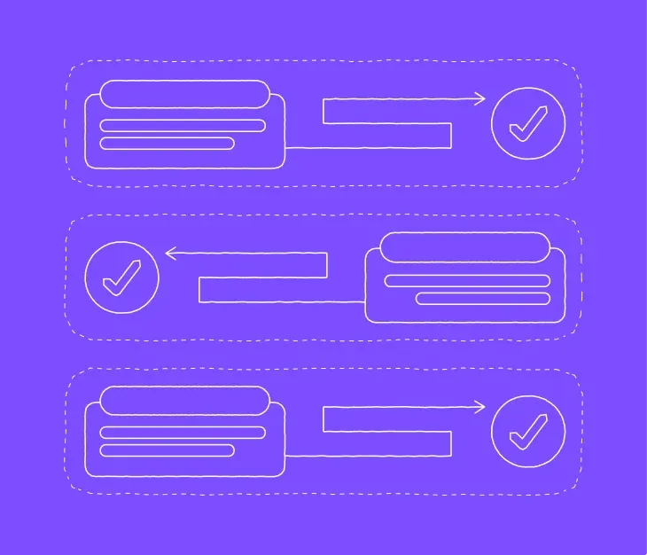 Three stacked chat conversation outlines with arrows and checkmark circles inside dashed rounded rectangles on purple background.