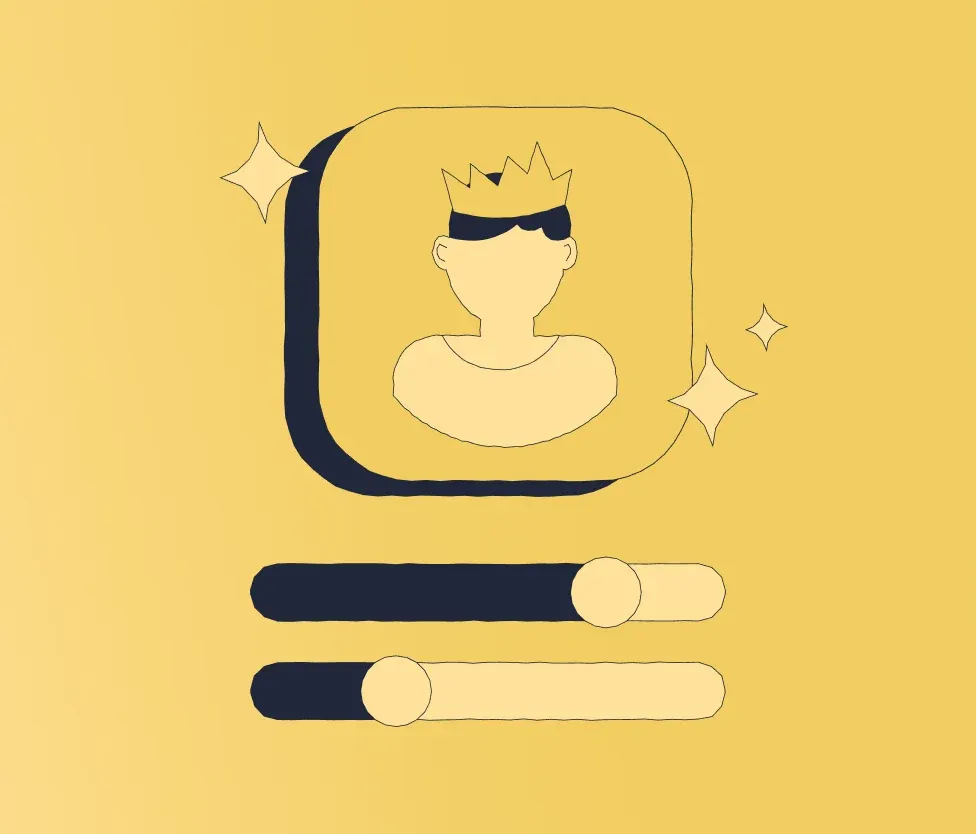 Minimal yellow illustration of a crowned user avatar wearing sunglasses in a rounded square, with two sliders below and sparkles.